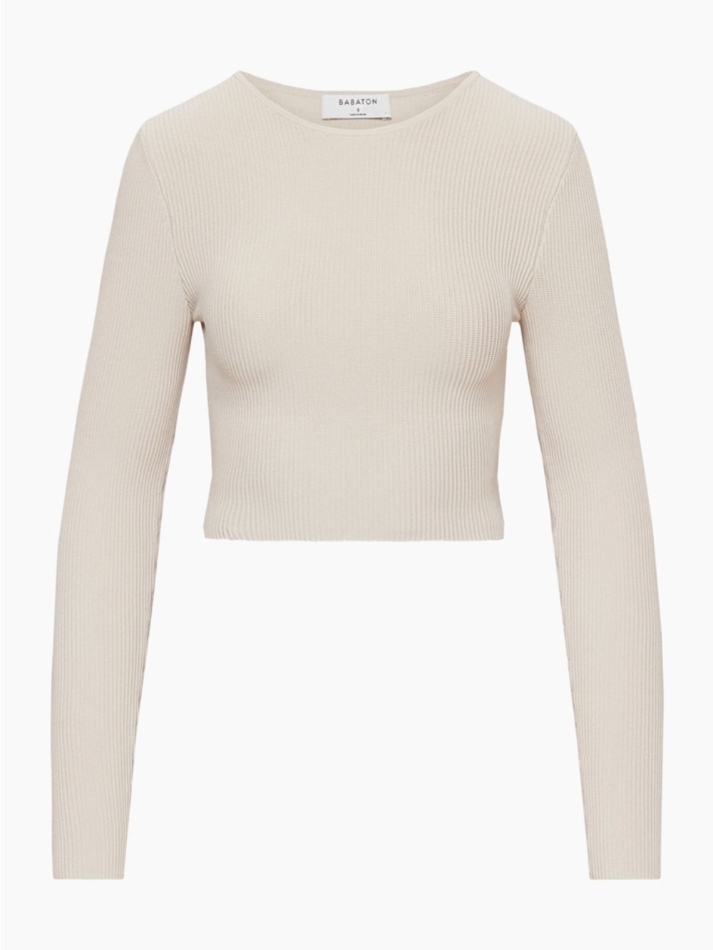 Aritzia Babaton Sculpt Knit Crew Cropped Longsleeve in a neutral beige shad